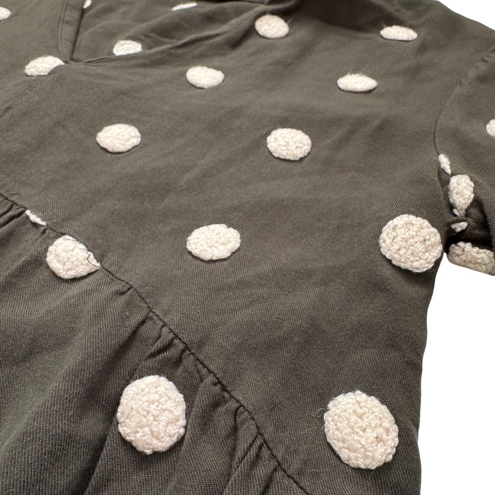 Zara Tunic Top Womens Large Olive Green Pom Pom Dot Babydoll V-Neck L - Picture 3 of 4